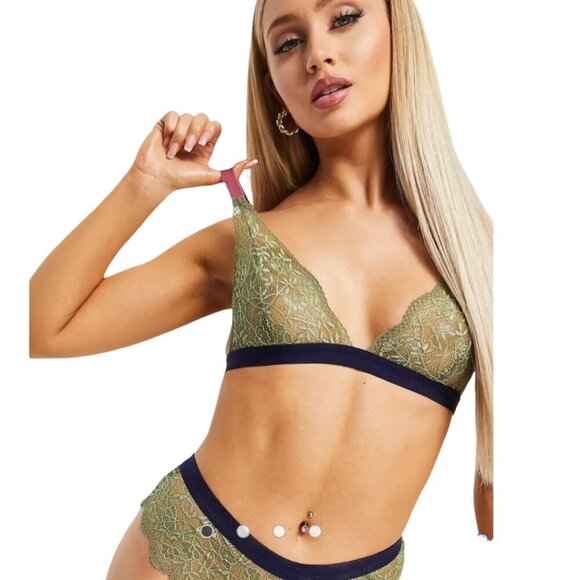 We Are We Wear NWT Evolve Recycled Lace Triangle Bralette, Khaki Navy Women's S - Picture 12 of 12